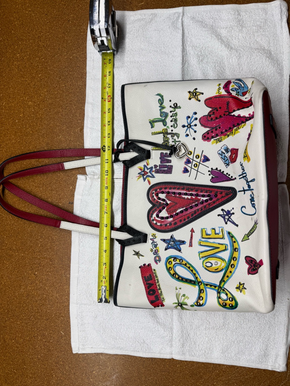 Brighton White Tote with Multicolor Love Graphics and Red Trim. EUC